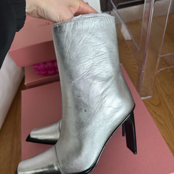 NWT Cult Gaia Dita Heeled Boots Sz 7 in Shiny Silver Metallic Leather Square Toe - Picture 6 of 10